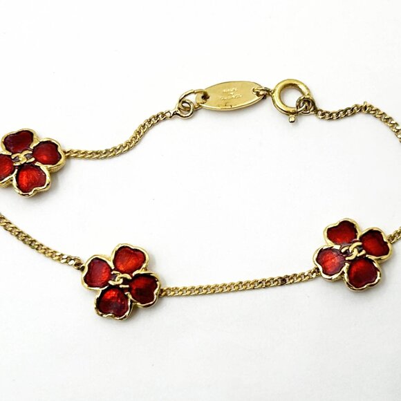 Chanel  Vintage Gold Plated CC 3 Red Enamel Flower Bracelet - Picture 1 of 5
